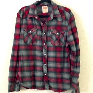 Levi’s Strauss Snap Button Plaid Button Down Shirt Large Red Western Cozy